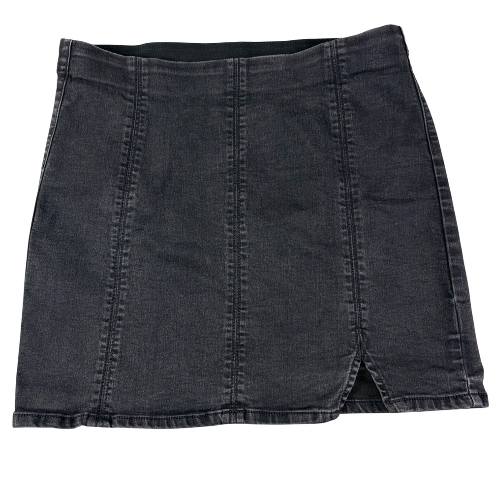 Free People Large Black Stretch Denim Mini Skirt Slit Seam Pull On  Grunge Indie
